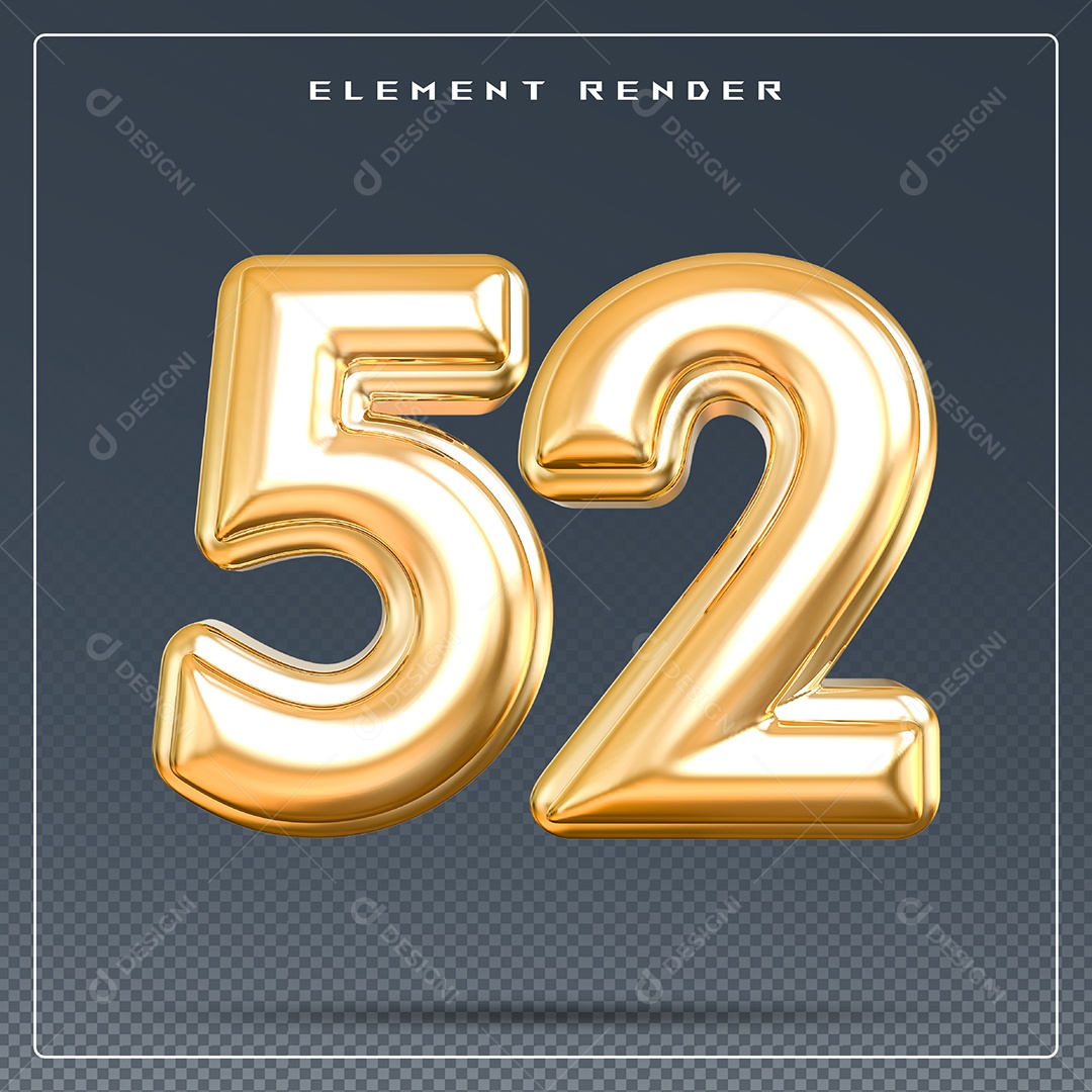 Elemento 3D Número 52 Dourado para Composição PSD
