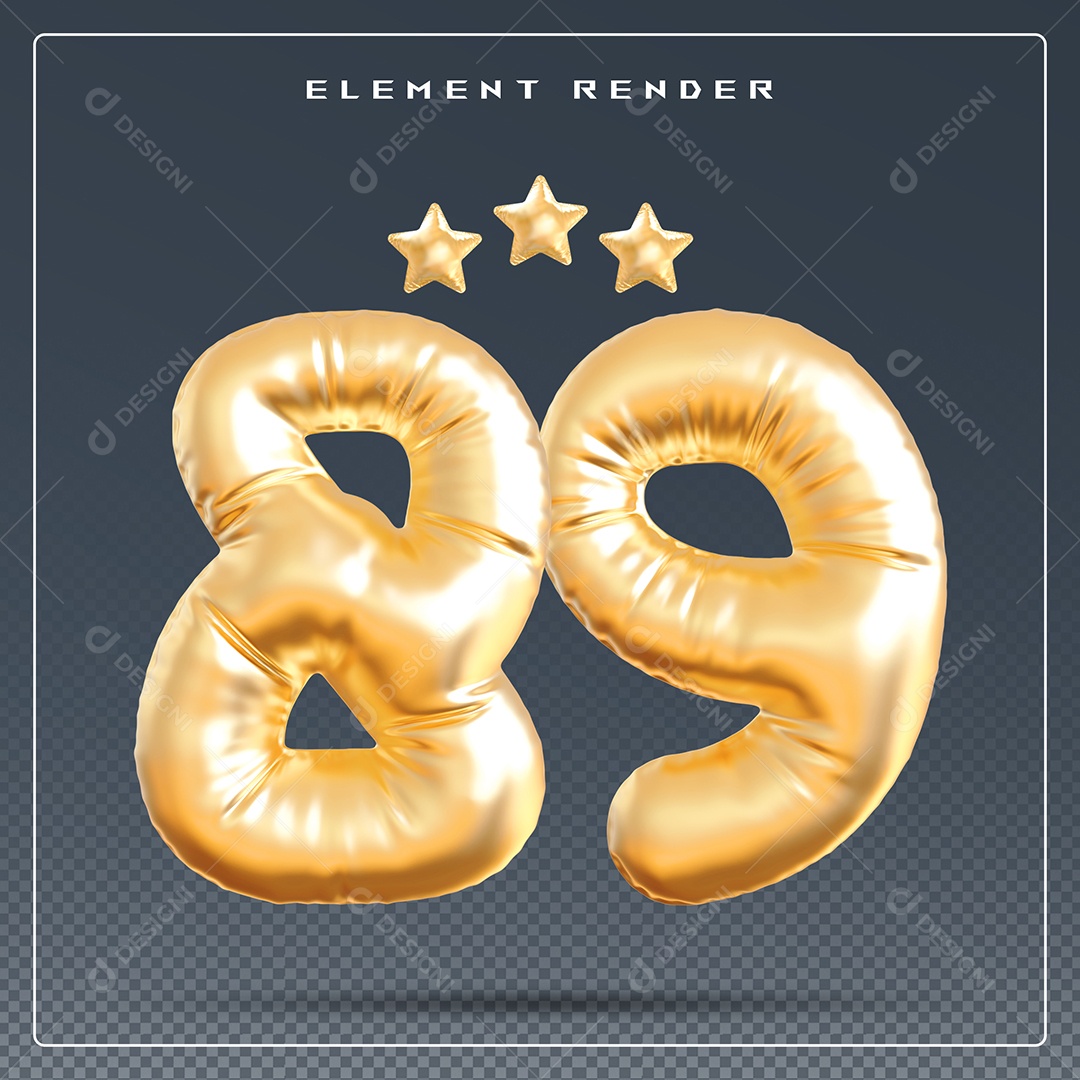 Elemento 3D Número 89 Dourado para Composição PSD