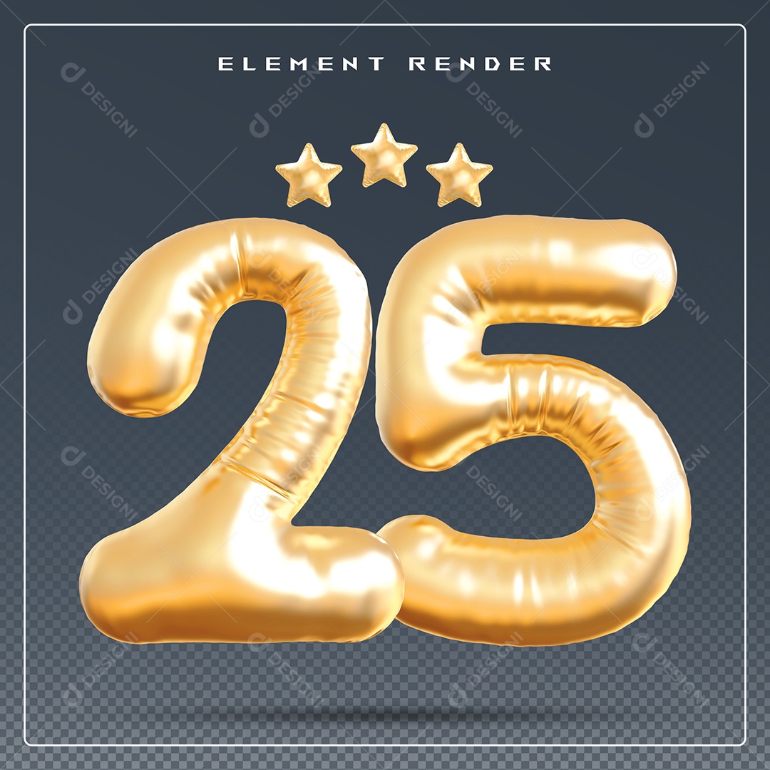 Elemento 3D Número 25 Dourado para Composição PSD