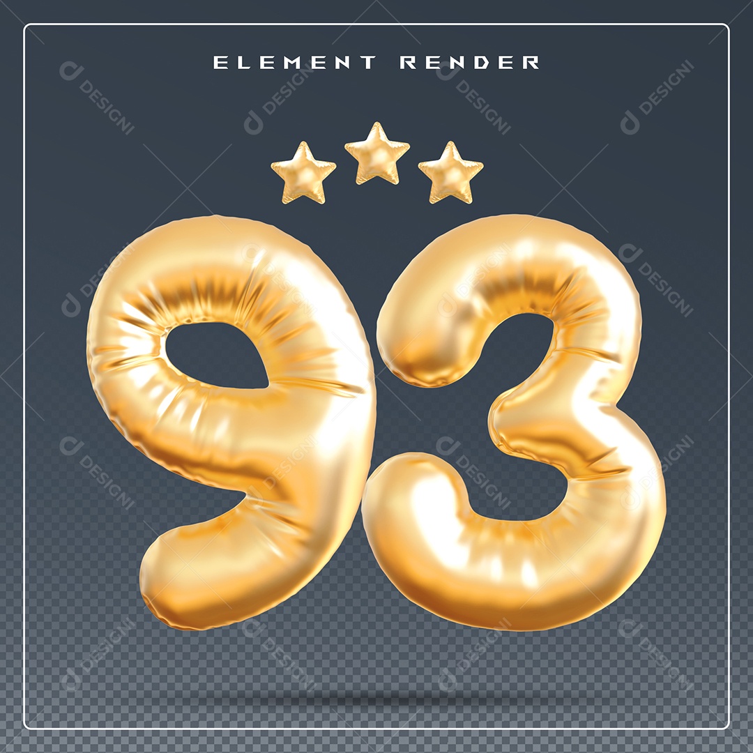 Elemento 3D Número 93 Dourado para Composição PSD