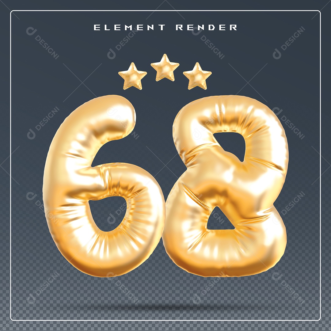 Elemento 3D Número 68 Dourado para Composição PSD