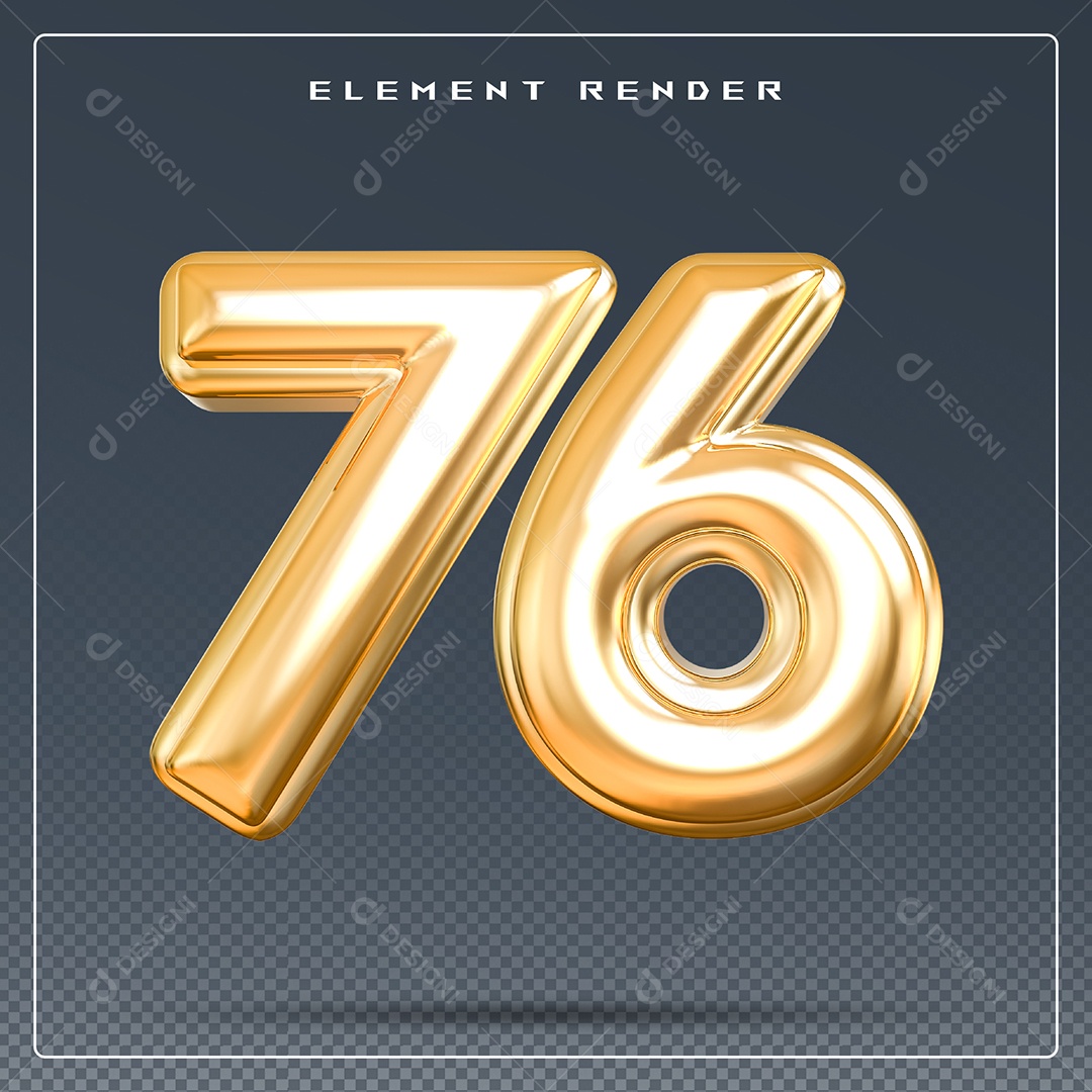 Elemento 3D Número 76 Dourado para Composição PSD