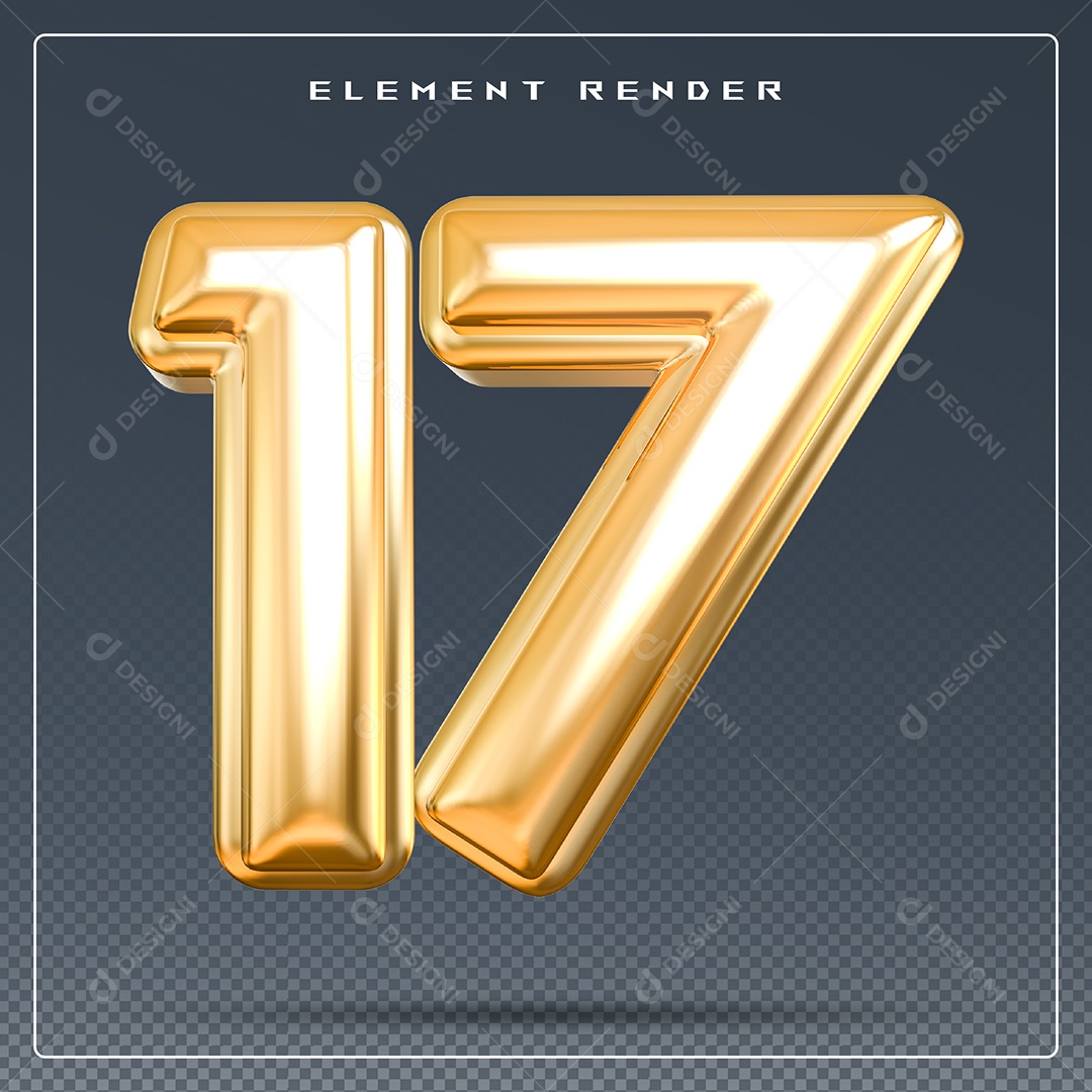 Elemento 3D Número 17 Dourado para Composição PSD