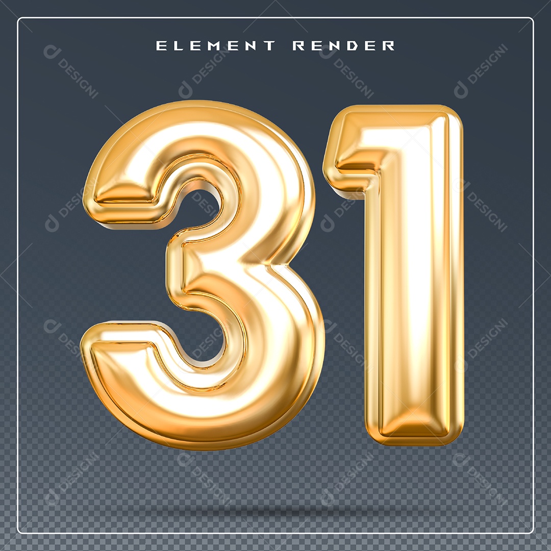 Elemento 3D Número 31 Dourado para Composição PSD