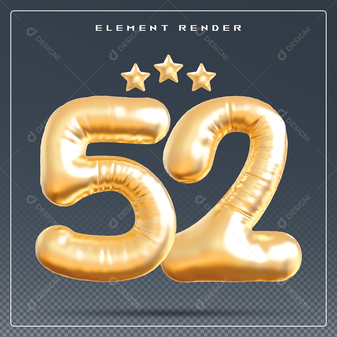 Elemento 3D Número 52 Dourado para Composição PSD