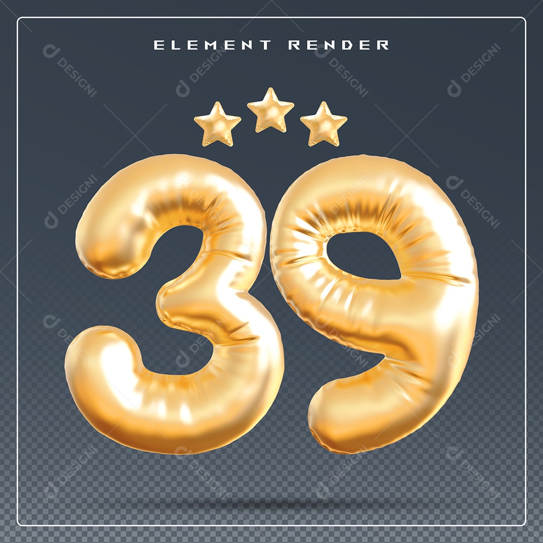 Elemento 3D Número 39 Dourado para Composição PSD