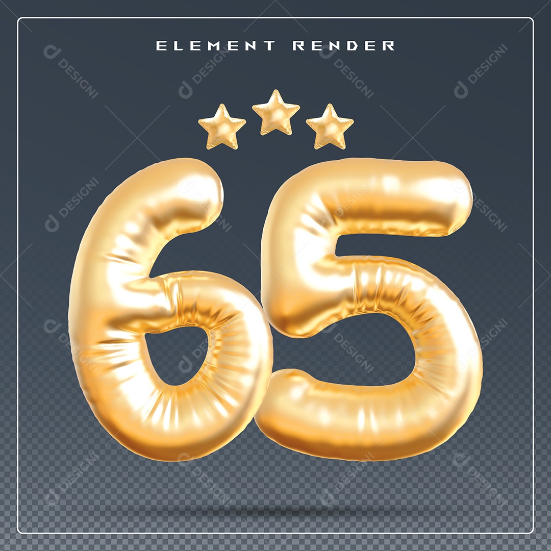 Elemento 3D Número 65 Dourado para Composição PSD