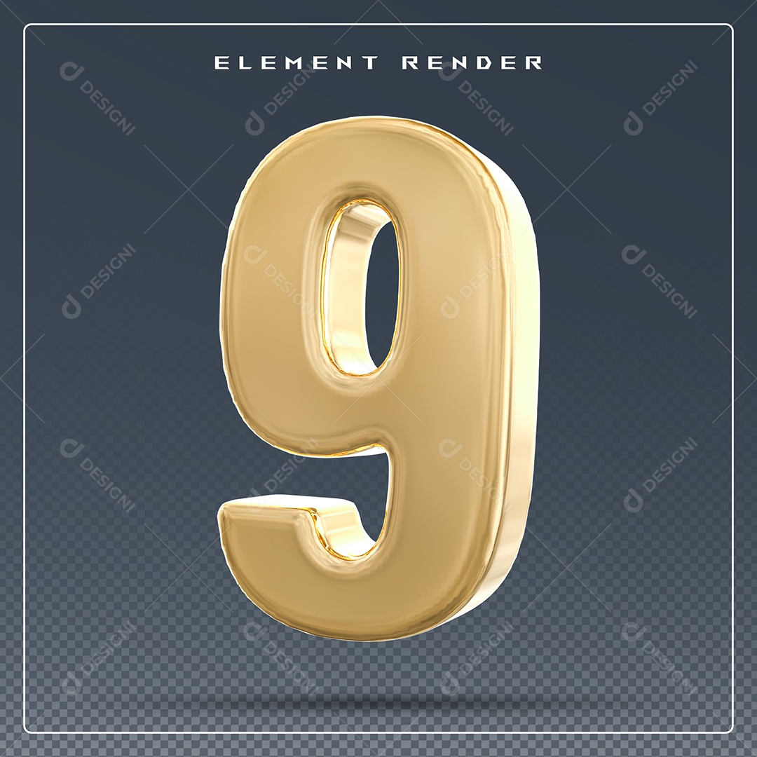 Elemento 3D Número 9 Dourado para Composição PSD