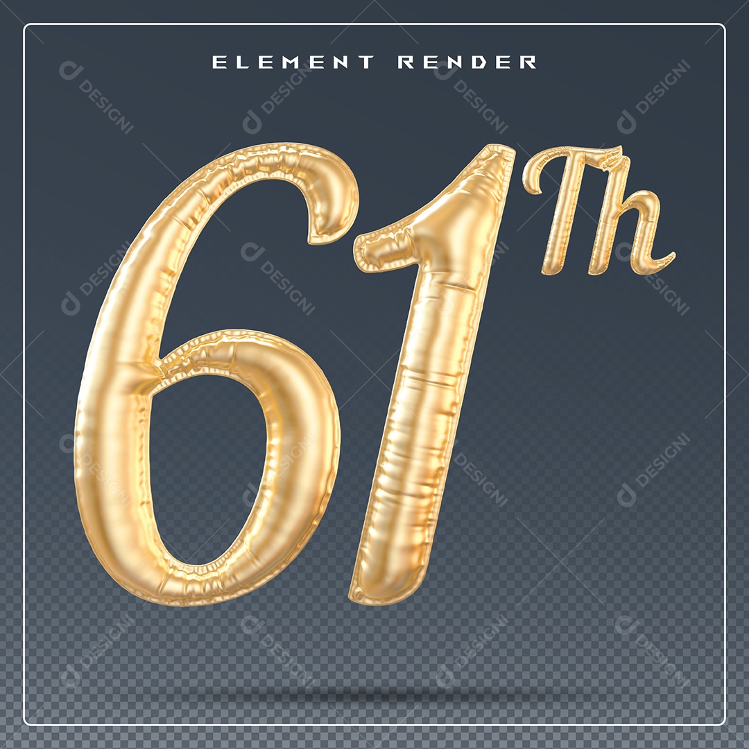 Elemento 3D Número 61 Th Dourado para Composição PSD
