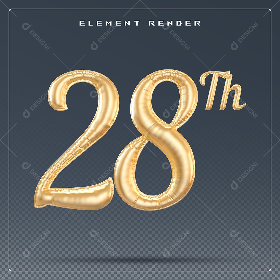 Elemento 3D Número 28 Th Dourado para Composição PSD