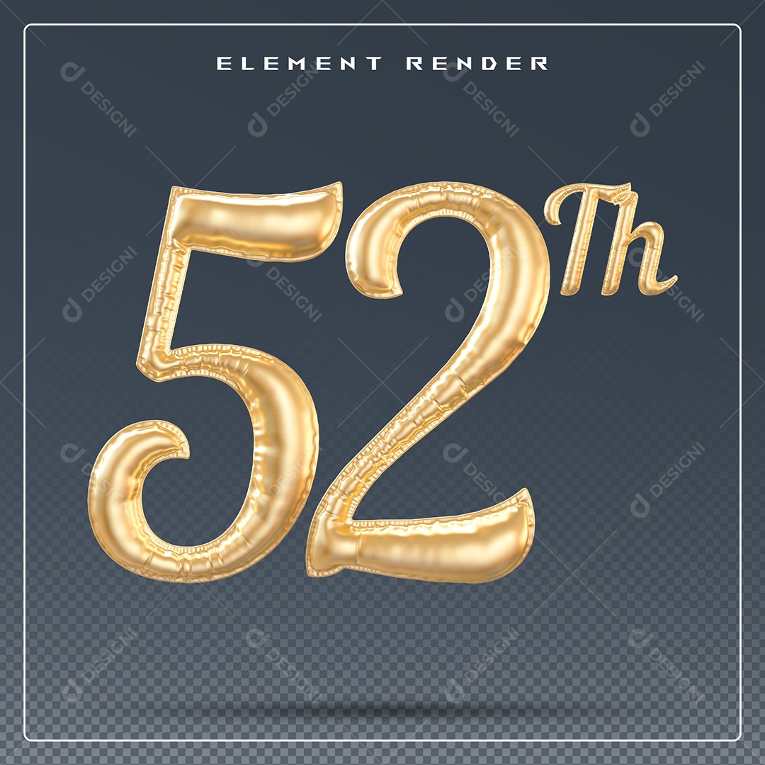 Elemento 3D Número 52 Th Dourado para Composição PSD
