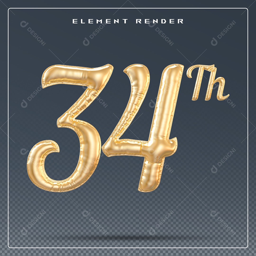Elemento 3D Número 34 Th Dourado para Composição PSD