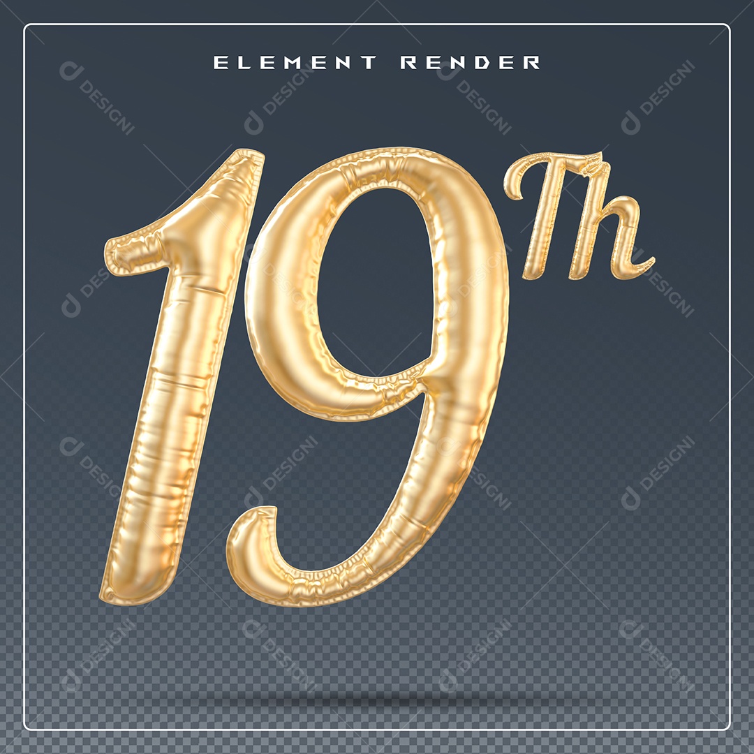Elemento 3D Número 19 Th Dourado para Composição PSD