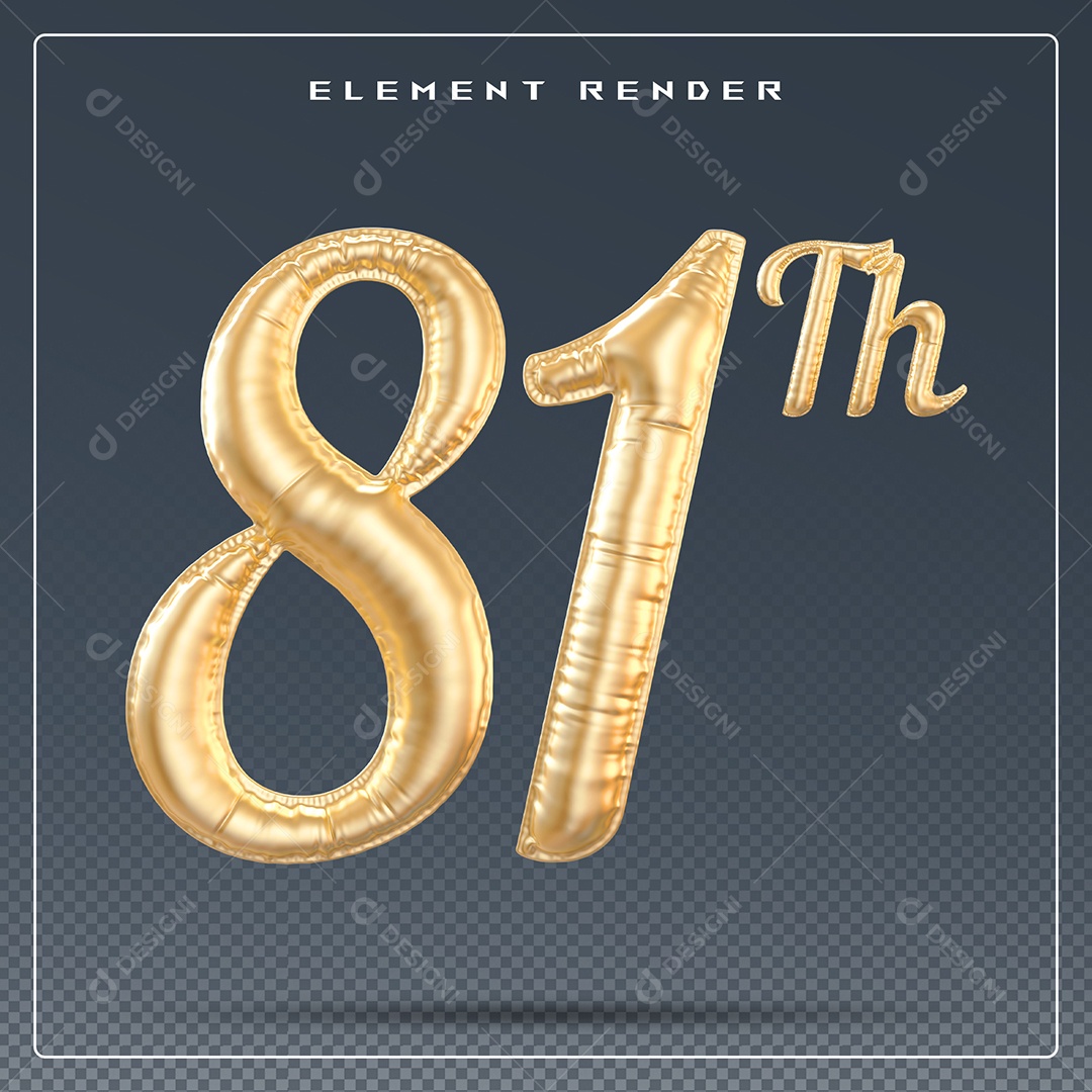 Elemento 3D Número 81 Th Dourado para Composição PSD