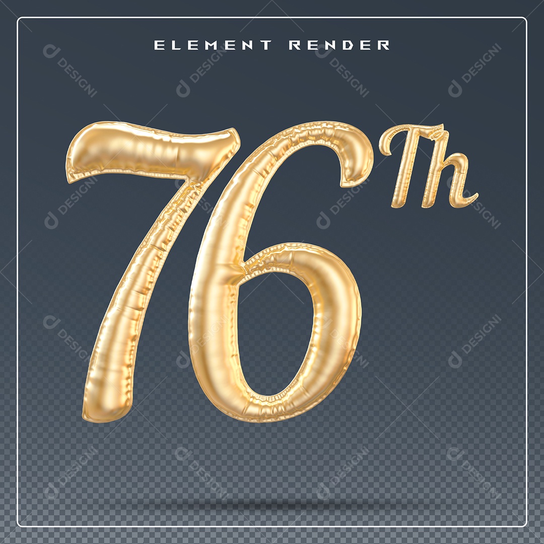 Elemento 3D Número 76 Th Dourado para Composição PSD