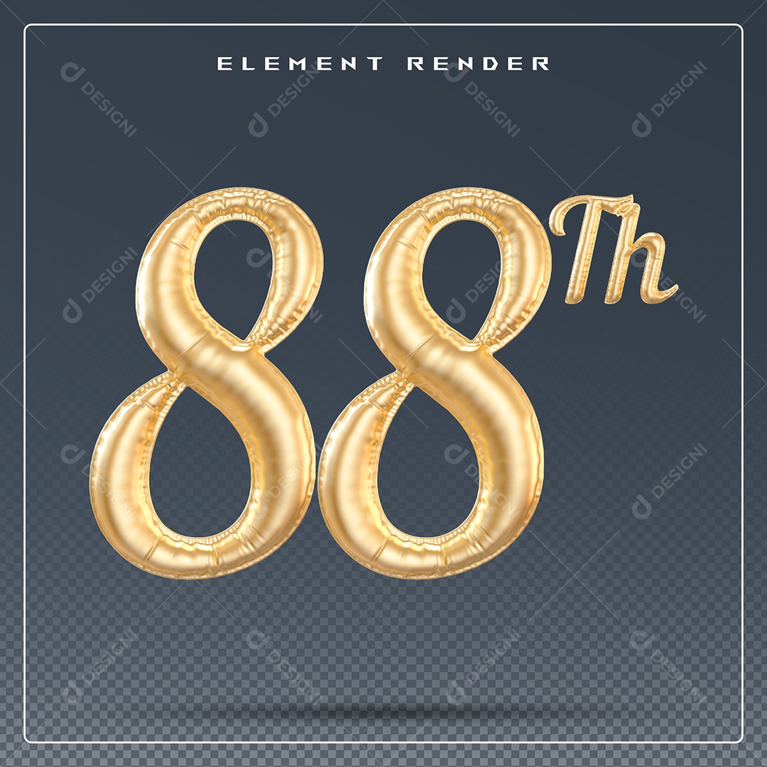 Elemento 3D Número 88 Th Dourado para Composição PSD
