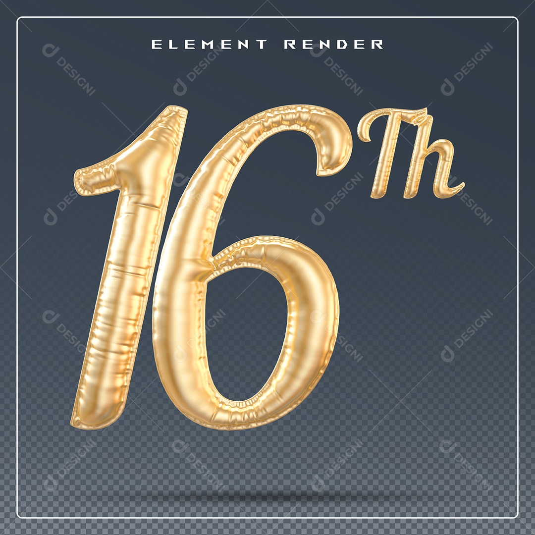 Elemento 3D Número 16 Th Dourado para Composição PSD