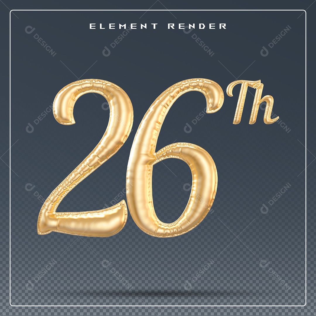 Elemento 3D Número 26 Th Dourado para Composição PSD