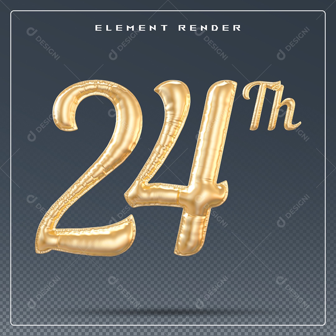 Elemento 3D Número 24 Th Dourado para Composição PSD