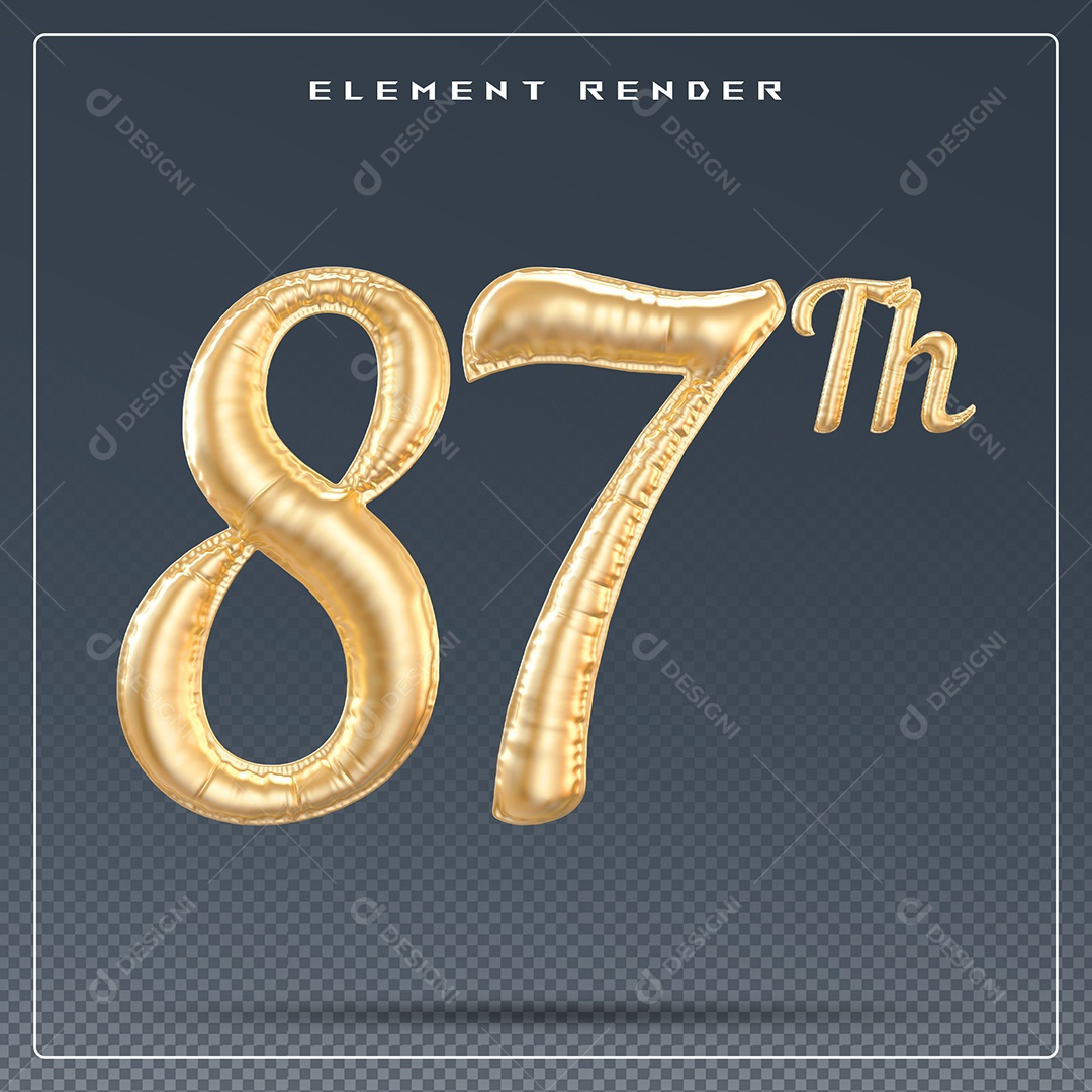 Elemento 3D Número 87 Th Dourado para Composição PSD