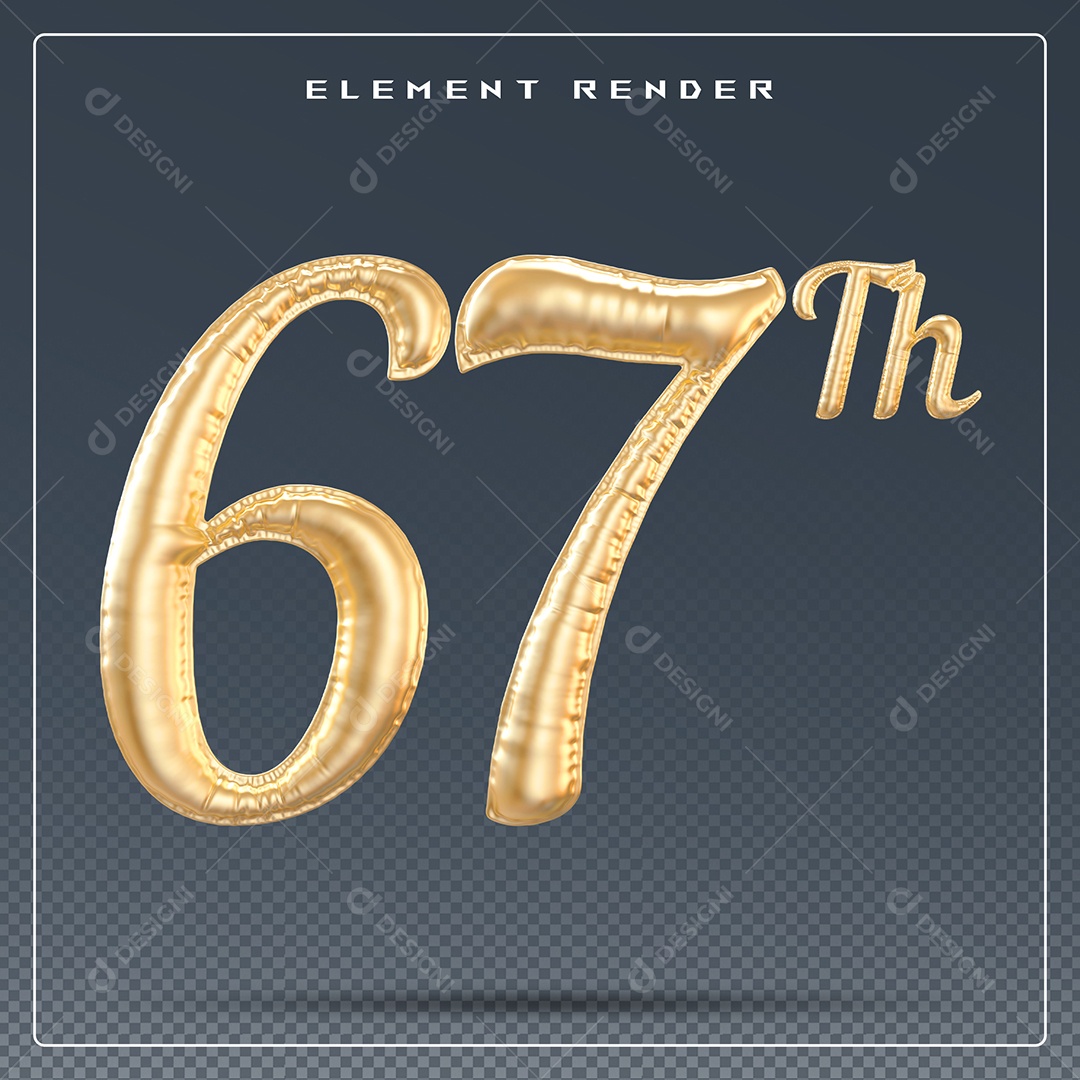 Elemento 3D Número 67 Th Dourado para Composição PSD