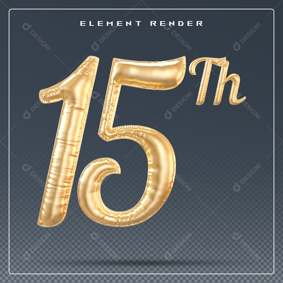 Elemento 3D Número 15 Th Dourado para Composição PSD