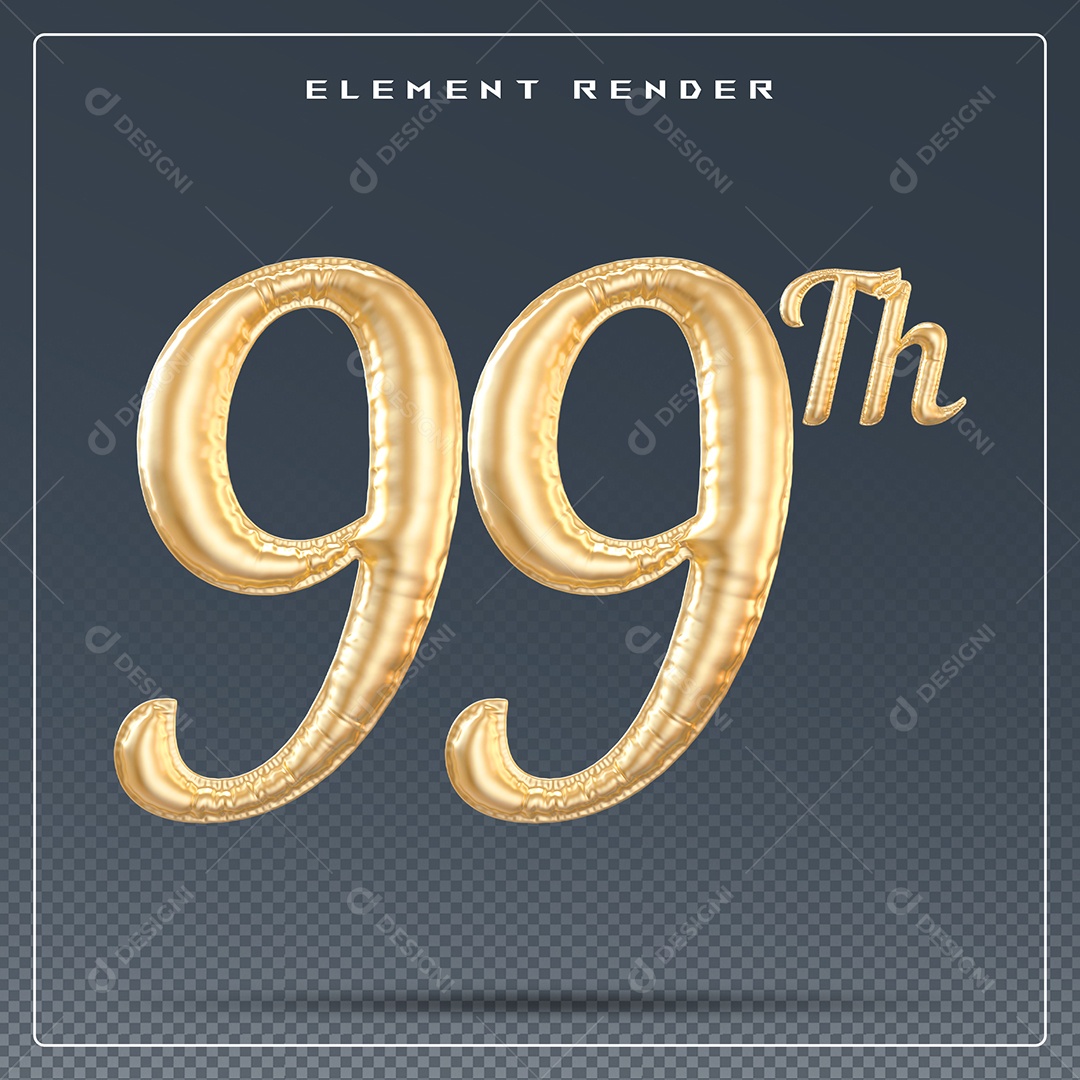 Elemento 3D Número 99 Th Dourado para Composição PSD