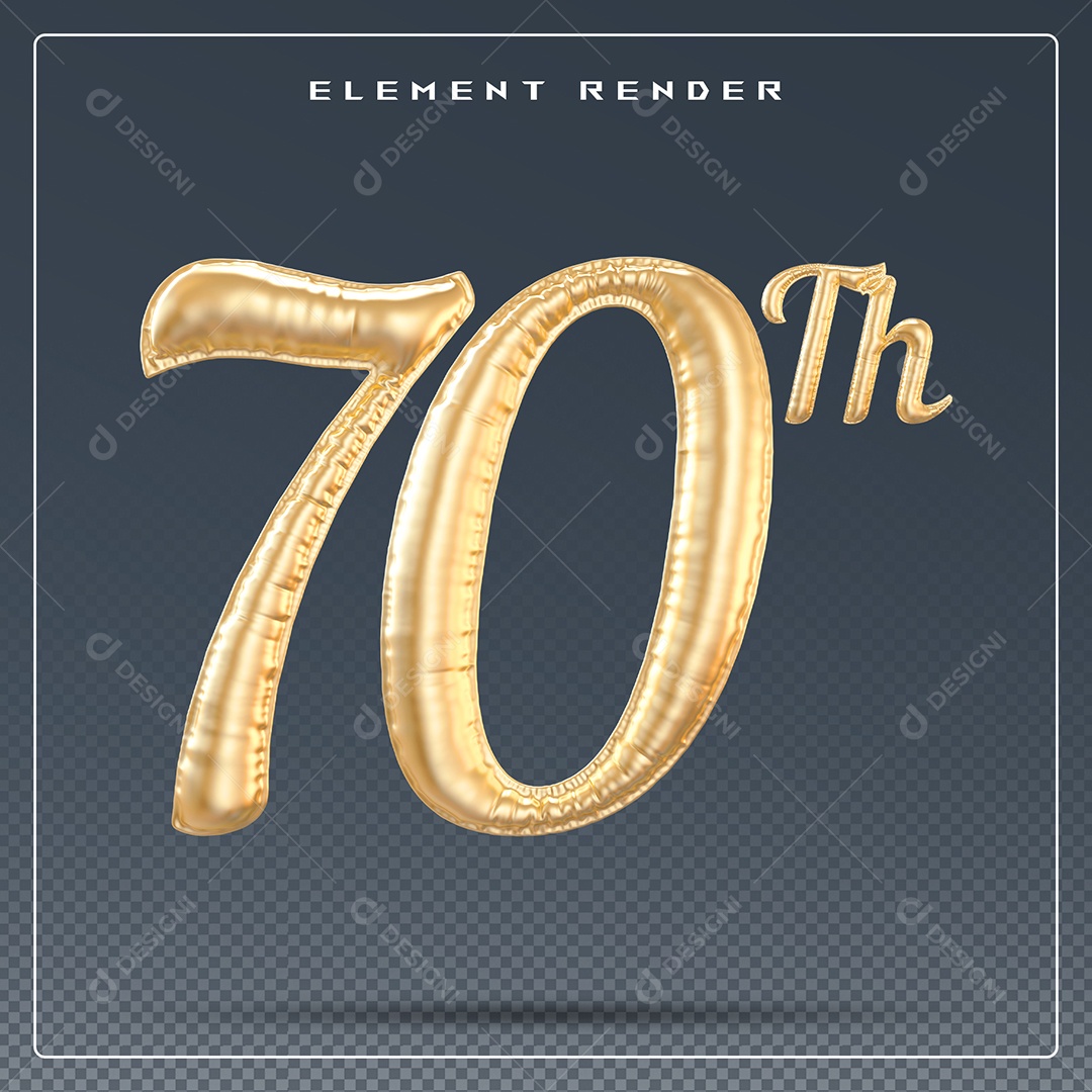 Elemento 3D Número 70 Th Dourado para Composição PSD