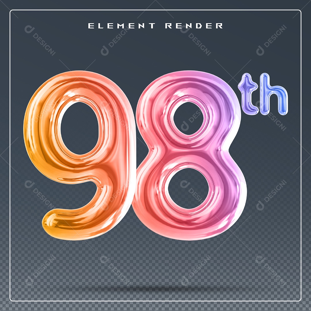 Elemento 3D Número 98 Th Colorido para Composição PSD