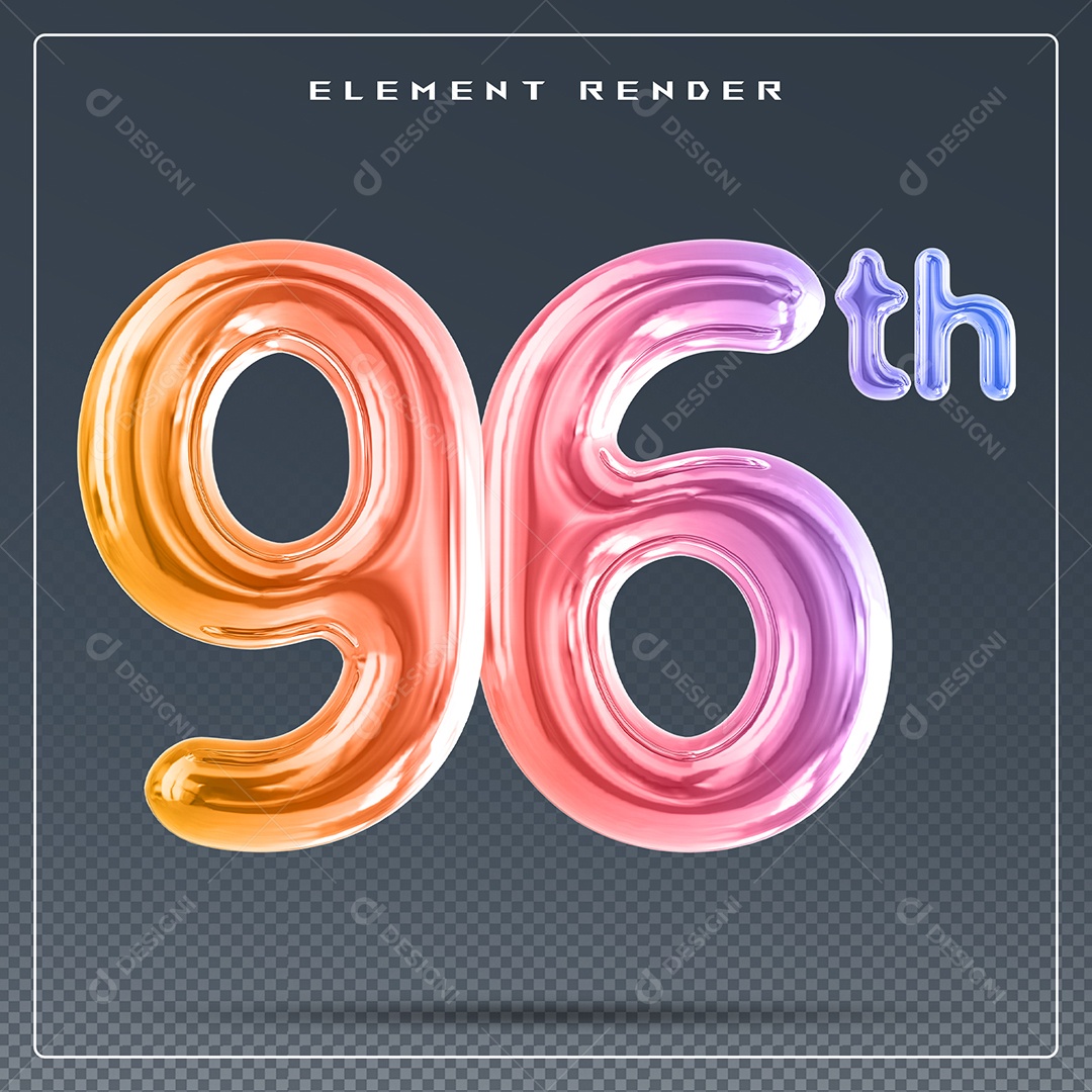 Elemento 3D Número 96 Th Colorido para Composição PSD