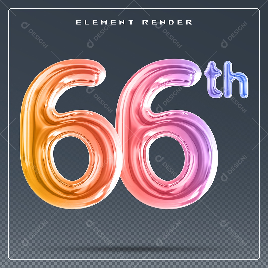 Elemento 3D Número 66 Th Colorido para Composição PSD