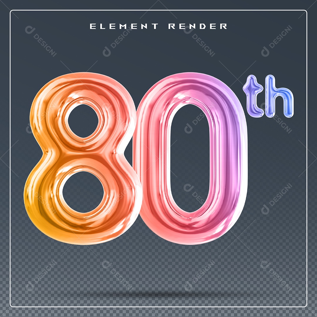 Elemento 3D Número 80 Th Colorido para Composição PSD