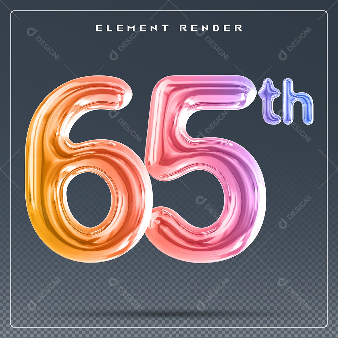 Elemento 3D Número 65 Th Colorido para Composição PSD