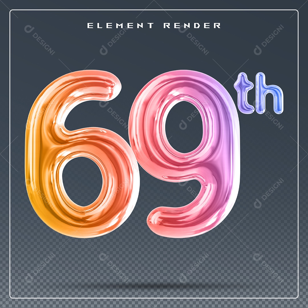 Elemento 3D Número 69 Th Colorido para Composição PSD