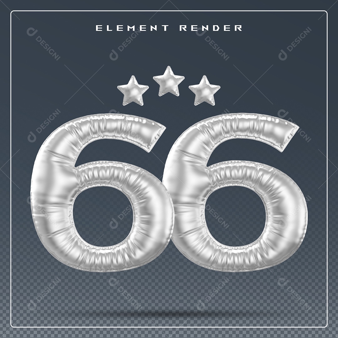 Elemento 3D Número 66 Cinza para Composição PSD