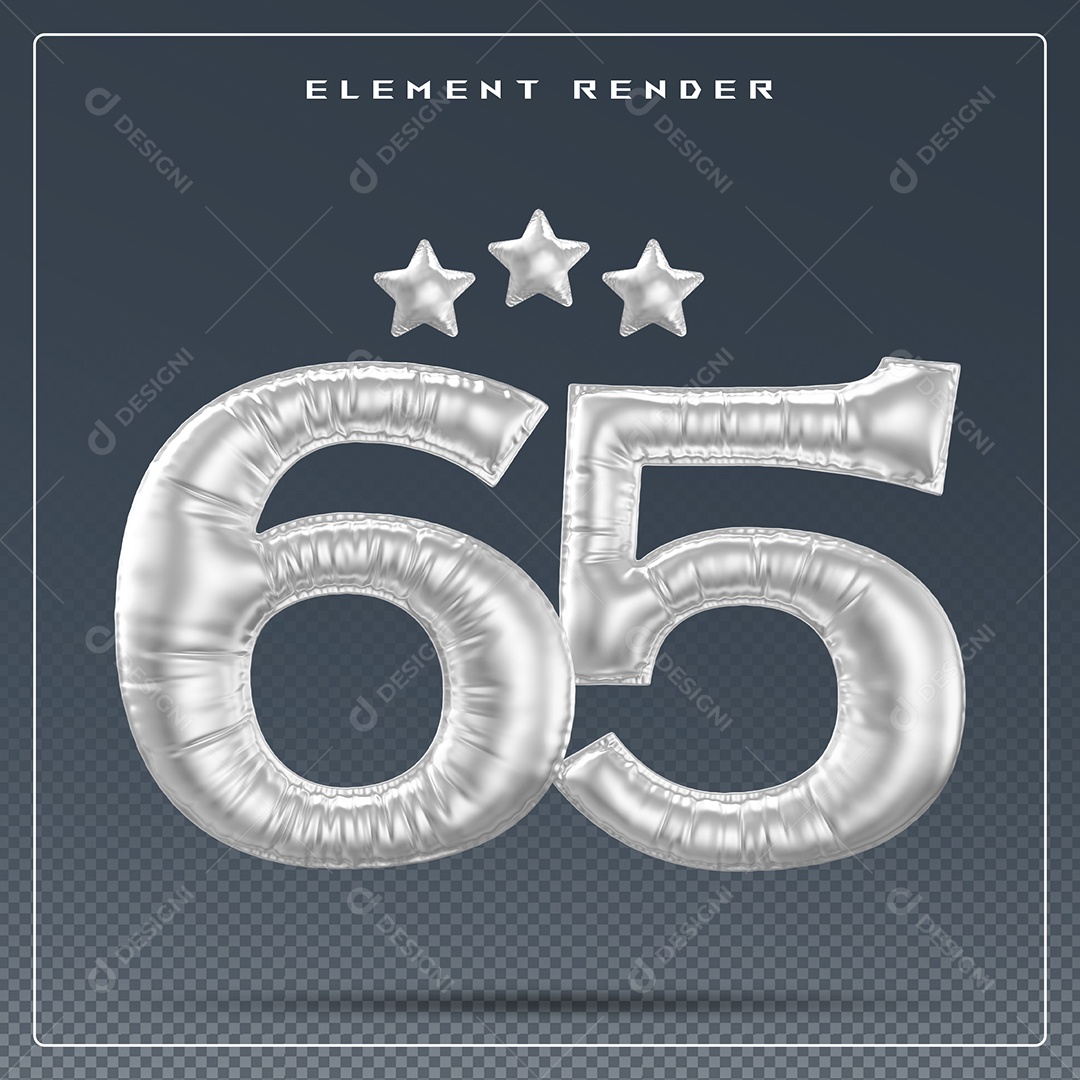 Elemento 3D Número 65 Cinza para Composição PSD