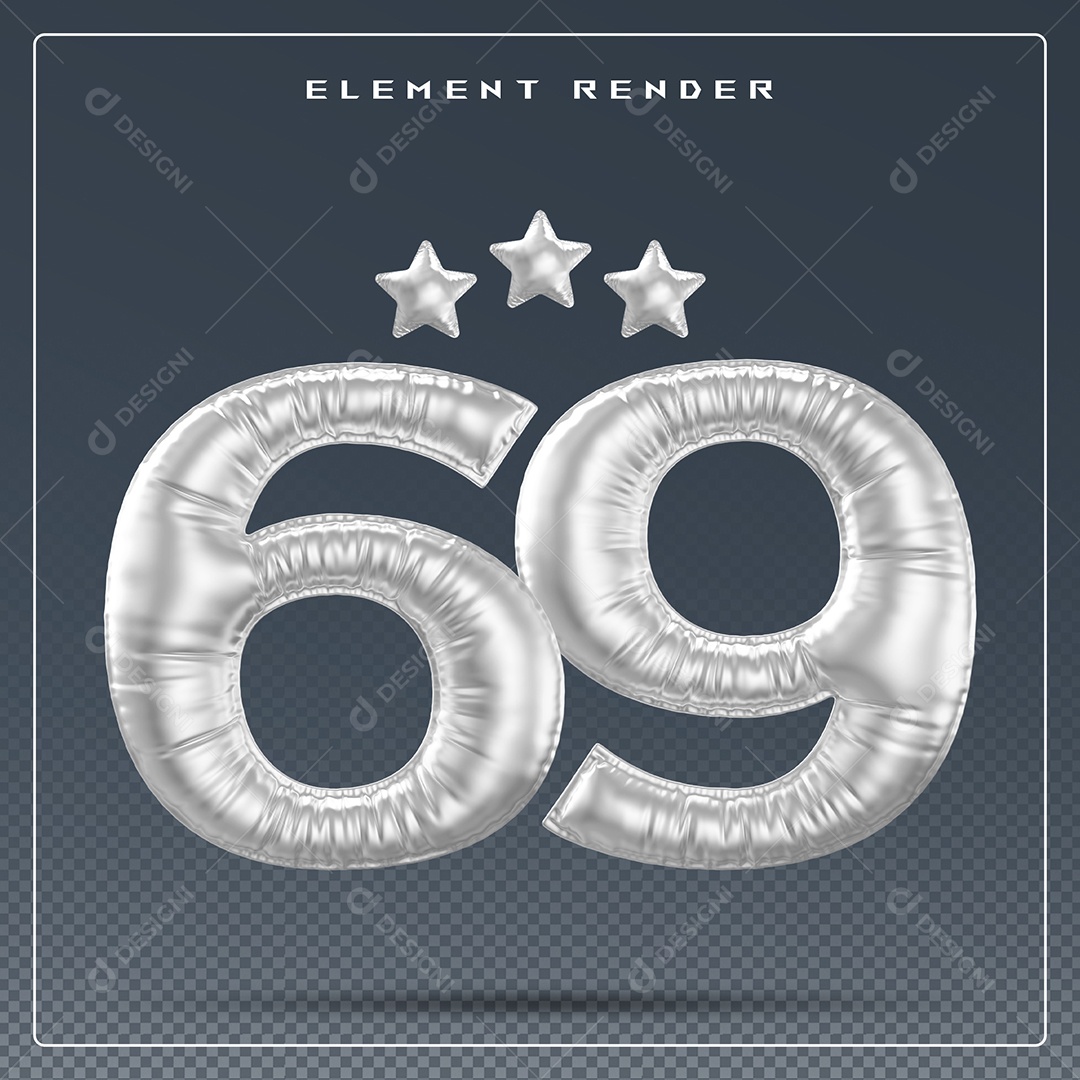 Elemento 3D Número 69 Cinza para Composição PSD