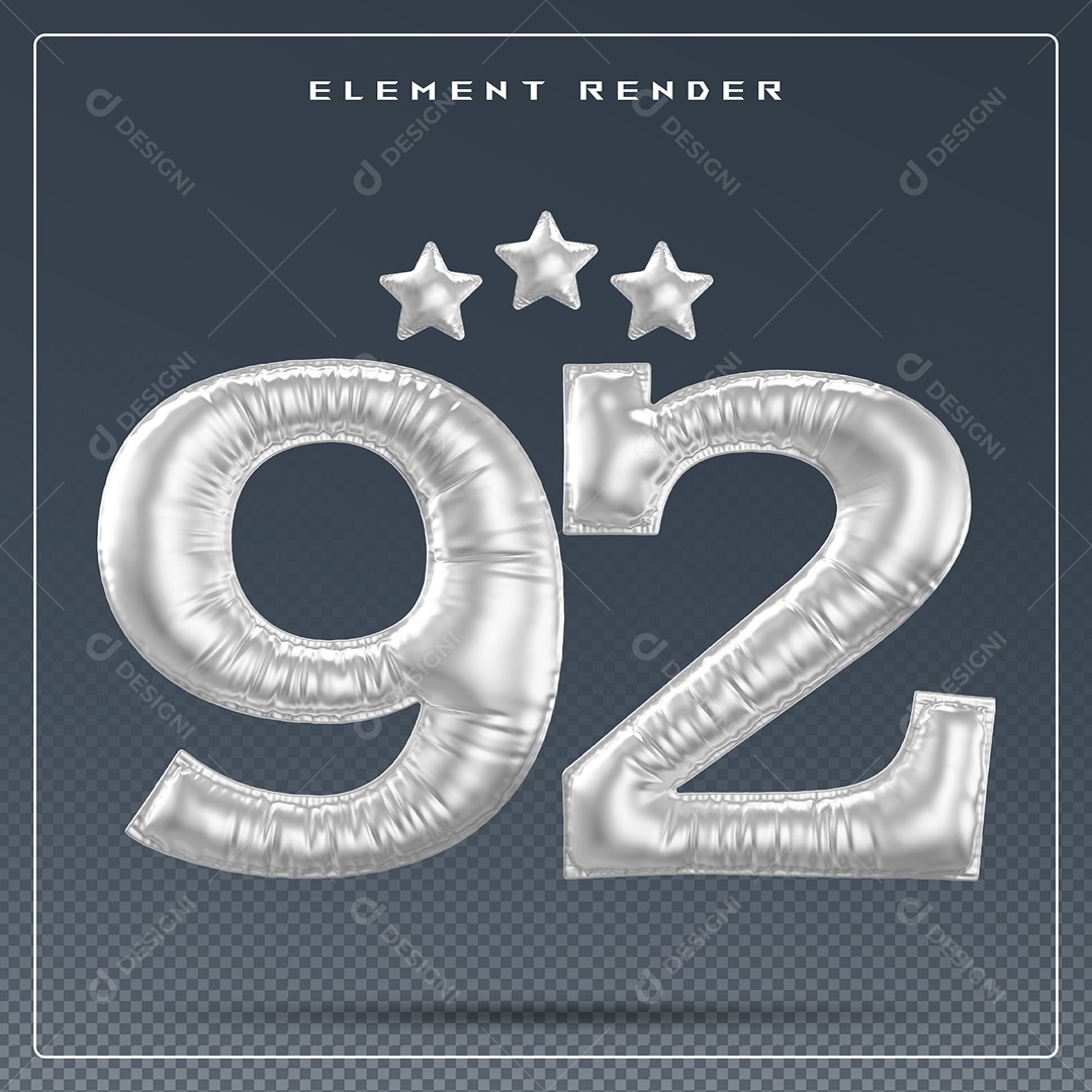 Elemento 3D Número 92 Cinza para Composição PSD