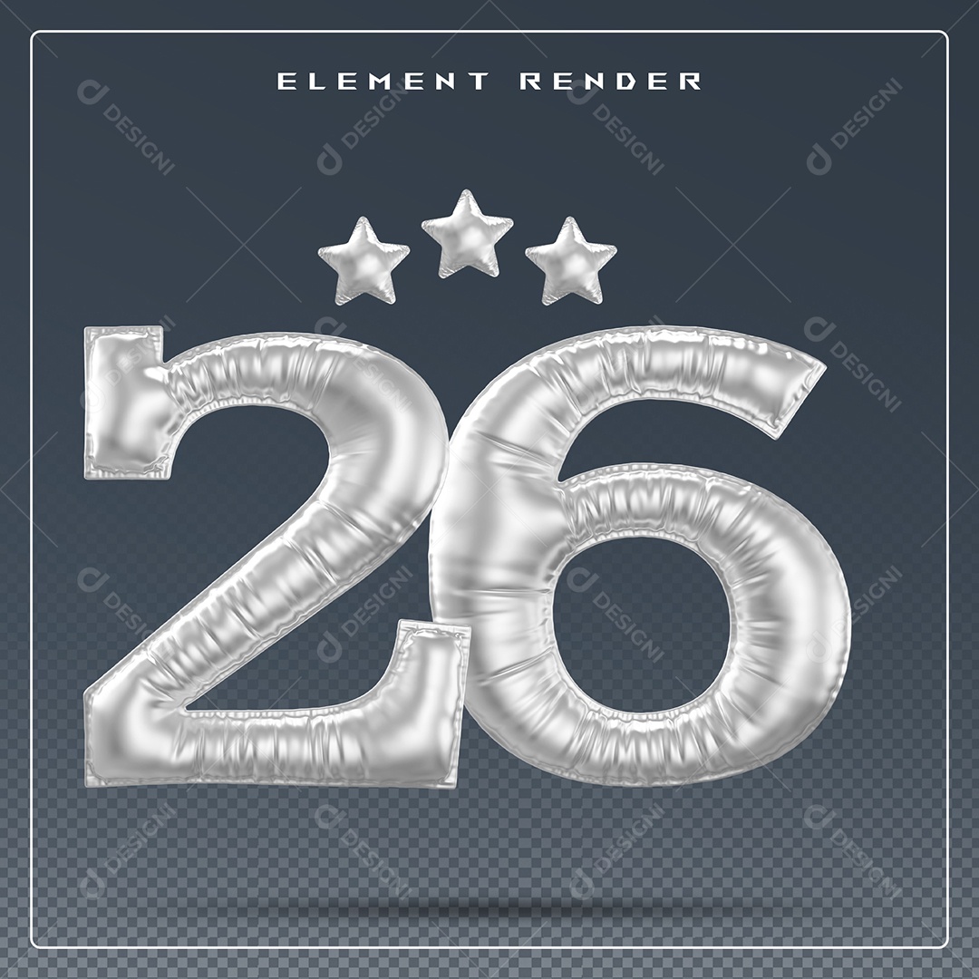 Elemento 3D Número 26 Cinza para Composição PSD