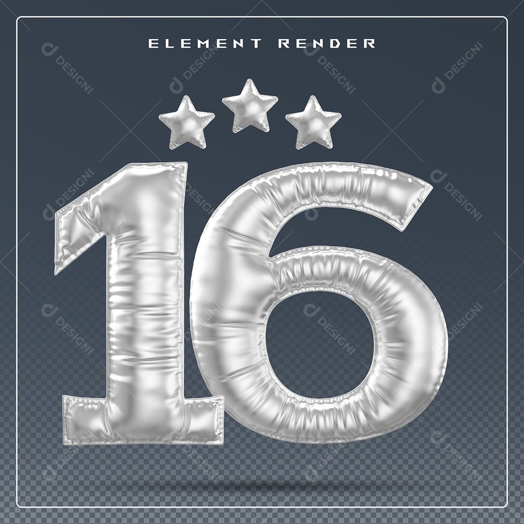 Elemento 3D Número 16 Cinza para Composição PSD