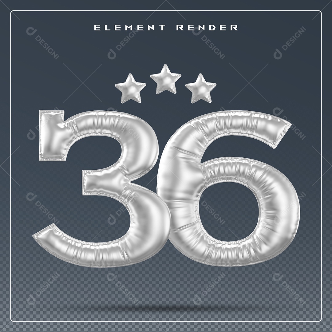 Elemento 3D Número 36 Cinza para Composição PSD