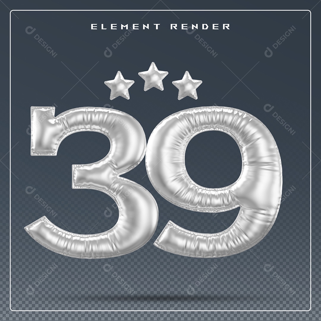 Elemento 3D Número 39 Cinza para Composição PSD