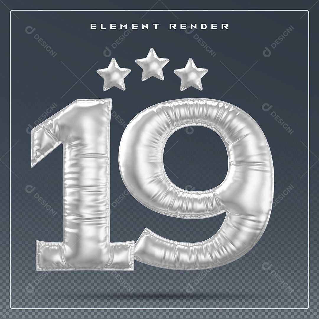 Elemento 3D Número 19 Cinza para Composição PSD