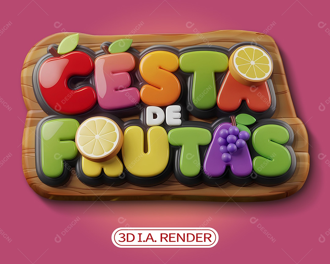 Selo 3D Cesta de Frutas para Composição PSD