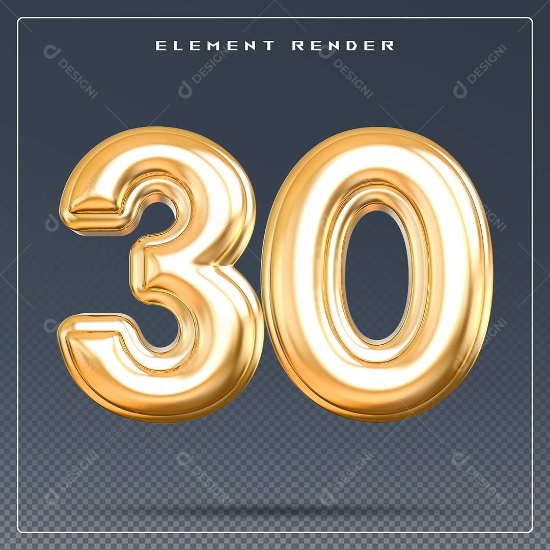 Elemento 3D Número 30 Dourado para Composição PSD