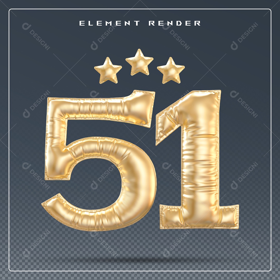 Elemento 3D Número 51 Dourado para Composição PSD