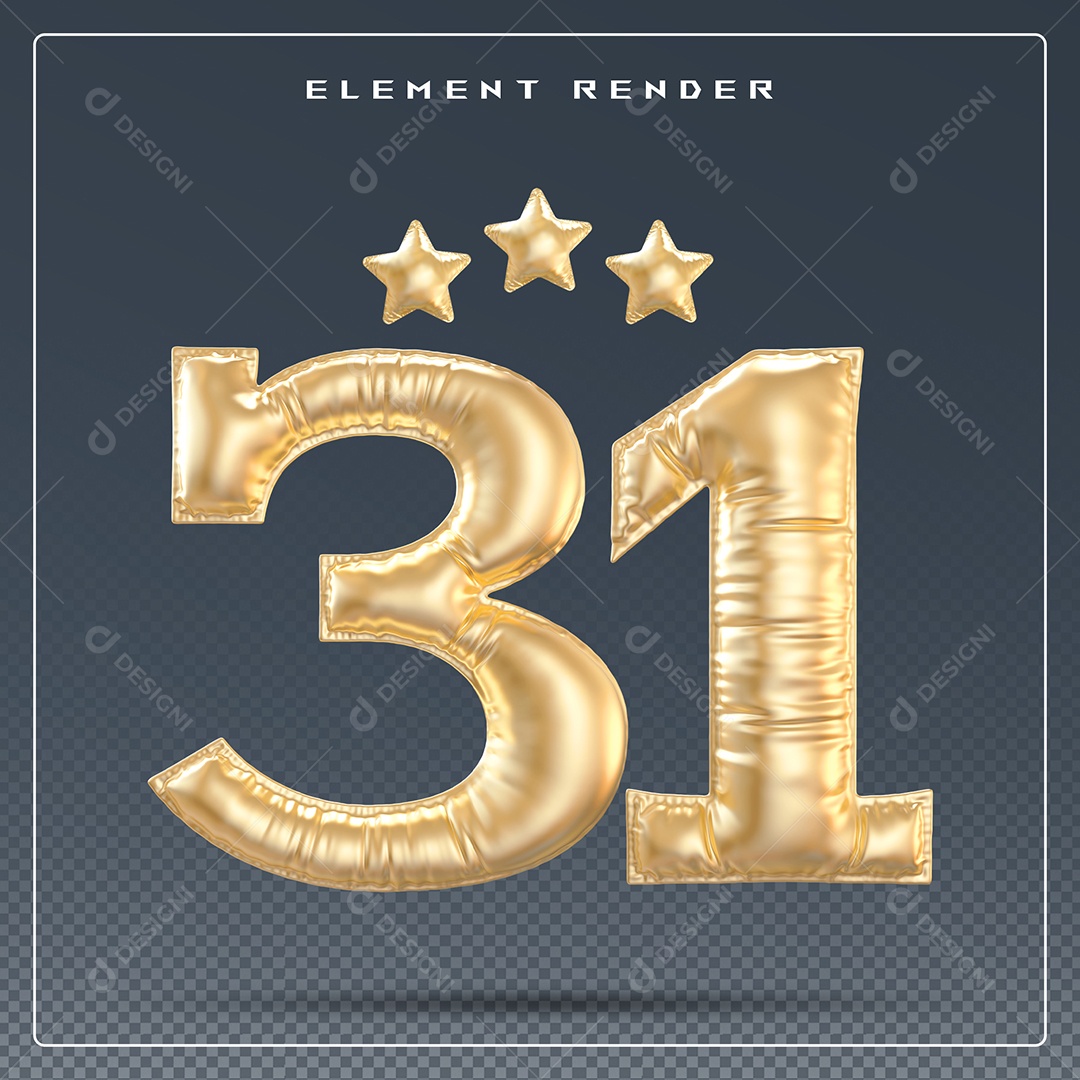 Elemento 3D Número 31 Dourado para Composição PSD