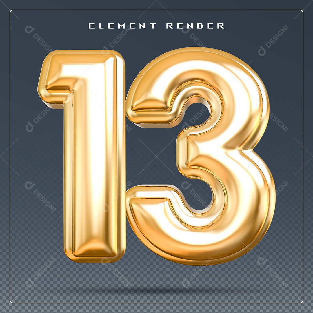 Elemento 3D Número 13 Dourado para Composição PSD