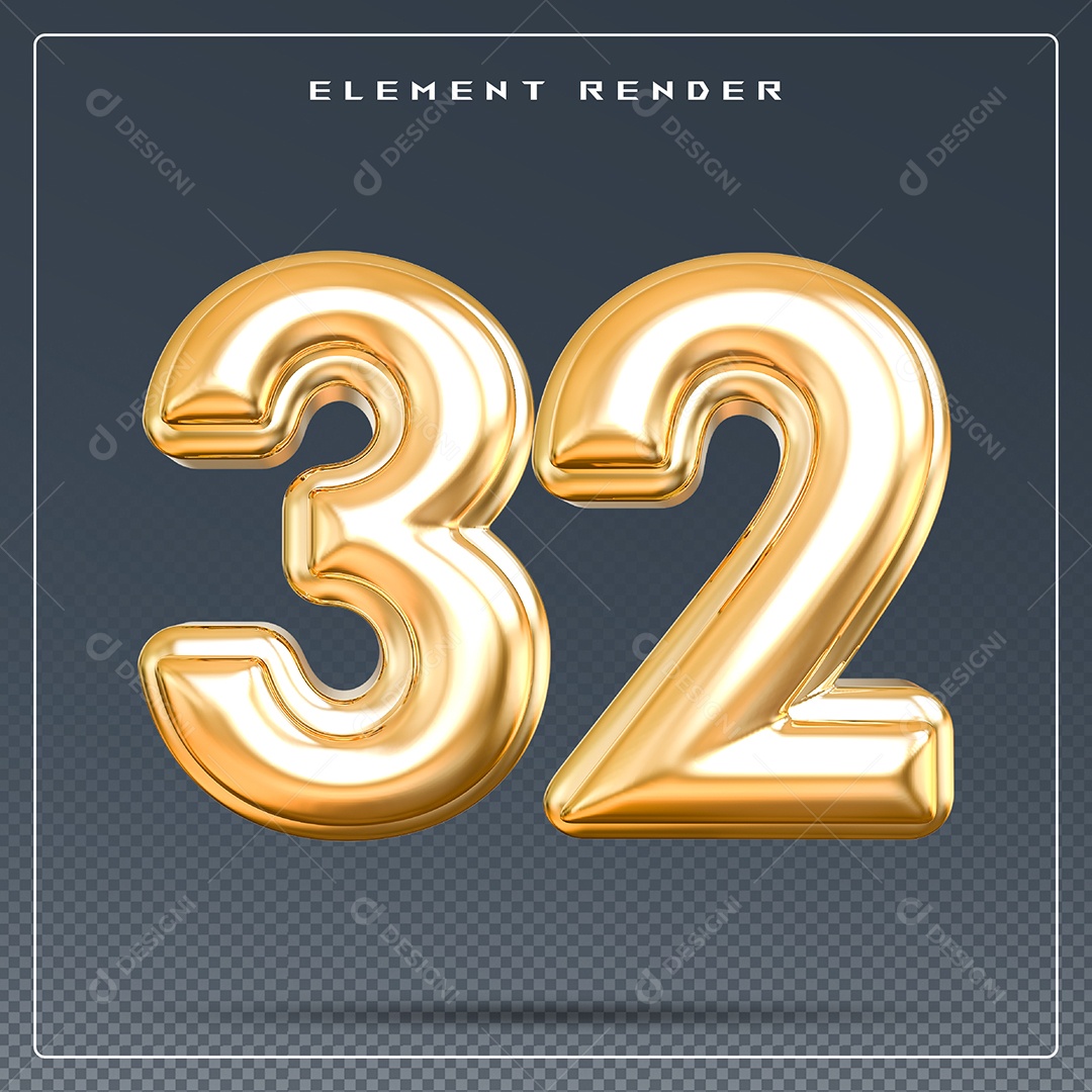 Elemento 3D Número 32 Dourado para Composição PSD