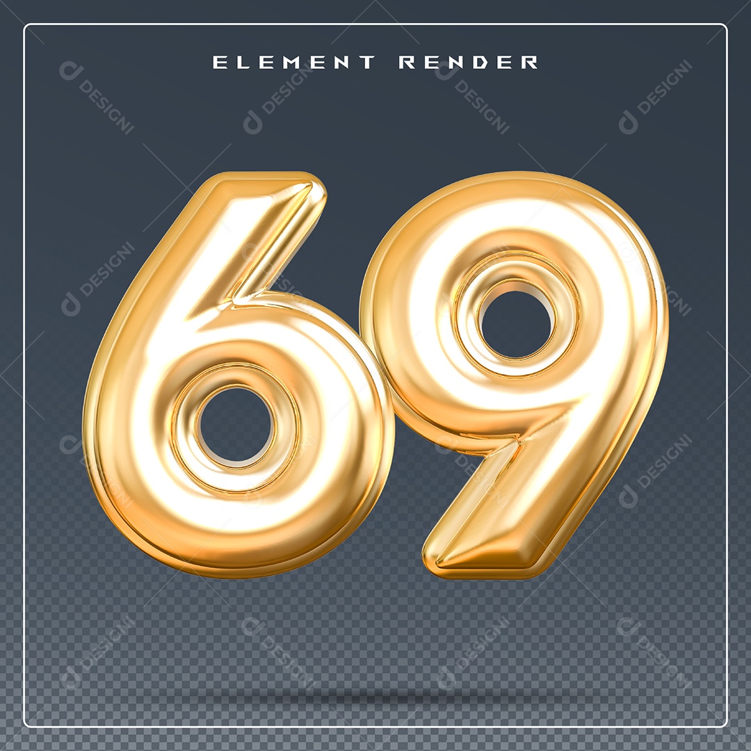 Elemento 3D Número 69 Dourado para Composição PSD